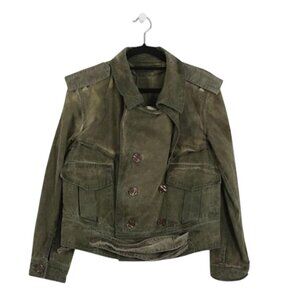 Golden Goose Utility Jacket Womens XS Green Button Zip Moto Biker GGDB Distress